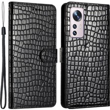 4U Sky Xiaomi Için 12 Lite 5g Cüzdan Telefon Kılıfı Timsah Doku Pu Deri Deri Kapak Strap-Black (Yurt Dışından)