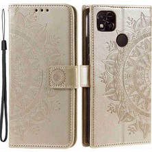 4U Sky Xiaomi Için Redmi 10A Pu Deri Cüzdan Telefon Kapağı Stand Mandala Çiçek Deseni Strap-Gold ile Baskılı Telefon Kılıfı (Yurt Dışından)