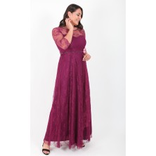 Ladies First  Büyük Beden 3363 Mürdüm Uzun Abiye Elbise