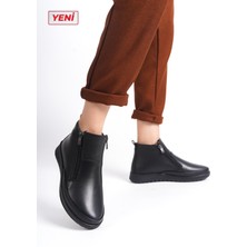 ARTI-ARTI032-2035 Hakiki Deri Kadın Ortopedik Topuk Dikeni Fonksiyonlu Çift Fermuarlı Kaymaz Taban Siyah Anne Botu