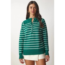 Hazelin Kadın Iran Yeşil Hafif Balon Kol Kırmızı Çizgili Düğmeli Yaka Triko Kazak HZL23W-BD1101491