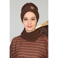 Aisha's Design Dekolte Kapatabilen Gold Aksesuarlı Şifon Hazır Türban,Kahverengi,HT-11
