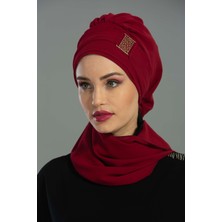 Aisha's Design Dekolte Kapatabilen Gold Aksesuarlı Şifon Hazır Türban,Bordo,HT-11