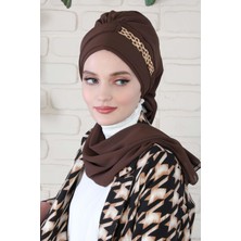 Aisha's Design Gold Aksesuarlı Tasarım Şifon Hazır Türban,HT-28,HT-28,Kahverengi