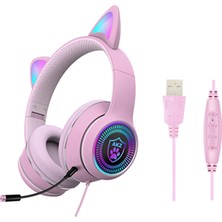 2Guoyang Gri Pembe Rgb Işık Hafif Hediye Oyun Kulaklığı Moda USB Kablolu Gürültü Önleyici Katlanabilir Kedi Kulak Seyahat Hifi Stereo Pc Laptop Için (Yurt Dışından)