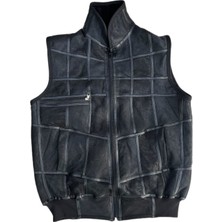 LN Leather Patchwork Içi Kürk-Dışı Süet  Deri Biye Yakalı Triko Detaylı Yelek