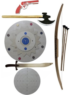 Toz Koparan 6'lı Ahşap Oyuncak Seti Kalkan + Ok Yay + Kılıç + Balta + Tabanca + Hedef