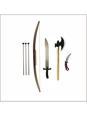 Ahtek Süper 4'lü Set, Ahşap Ok Yay + Balta + Bıçak + Kılıç Seti Oyuncak