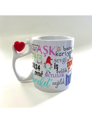 Mor Mürekkep Dilekler Baskılı Dönen Kalp Figürlü Yılbaşı Kupası