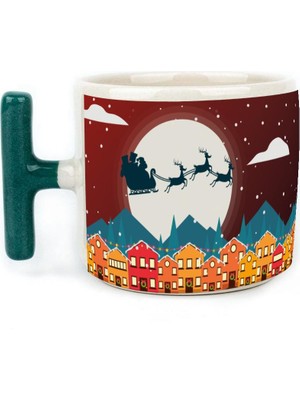 Mor Mürekkep Yılbaşı Gecesi Kızak ve Geyikleri Baskılı Yeşil Kulplu T Yılbaşı Kupası