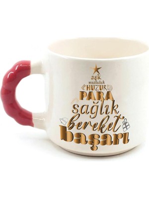 Mor Mürekkep Dilek Ağacım Baskılı Kırmızı Kulplu Boncuk Yılbaşı Kupası