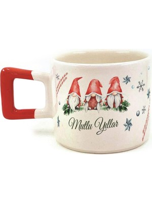 Mor Mürekkep Mutlu Yıllar 3 Noel Baba Baskılı Kırmızı Kulplu Kare Yılbaşı Kupası