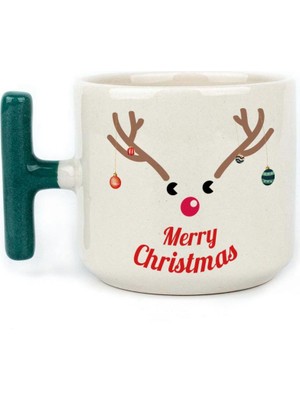 Mor Mürekkep Merry Christmas Geyik Baskılı Yeşil Kulplu T Yılbaşı Kupası
