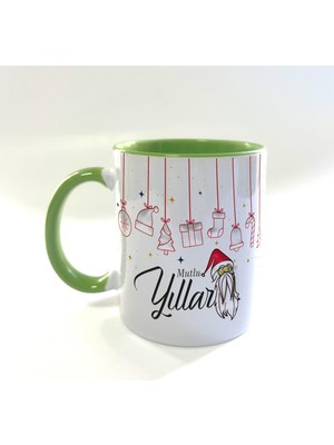 Mor Mürekkep Mutlu Yıllar Asılı Yılbaşı Süsleri Baskılı Yeşil Kulplu Içi Yeşil Yılbaşı Kupası