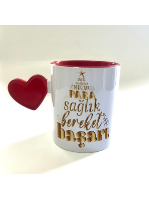 Mor Mürekkep Dilek Ağacım Baskılı Dolu Kalp Kulplu Içi Kırmızı Yılbaşı Kupası