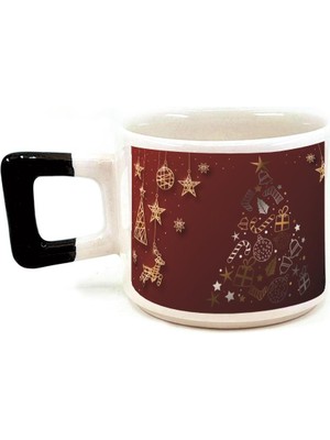 Mor Mürekkep Çam Ağacı Süsleri Baskılı Siyah Kulplu Kare Yılbaşı Kupası