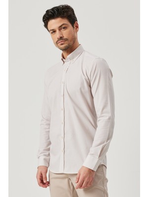 ALTINYILDIZ CLASSICS Erkek Bej Slim Fit Dar Kesim Düğmeli Yaka Desenli Gömlek