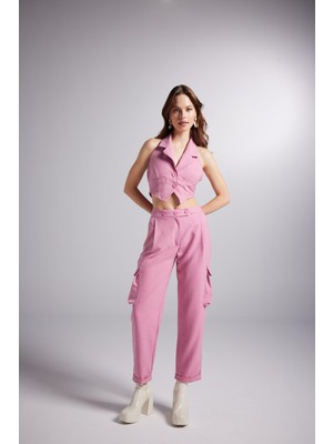 Holly Lolly Yüksek Bel Çizgili Kargo Cep Kira Pantolon Pembe