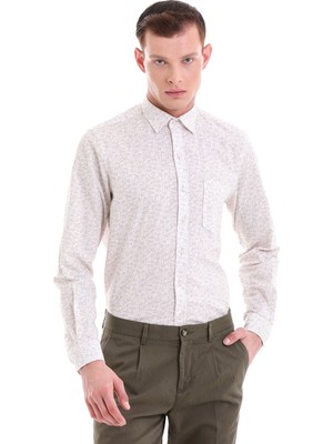 Hatemoğlu Bej Comfort Fit Baskılı 100% Pamuklu Slim Yaka Uzun Kollu Klasik Gömlek