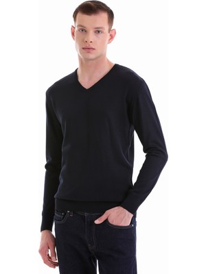 Hatemoğlu Lacivert Regular Fit Düz V Yaka Yünlü Triko Kazak