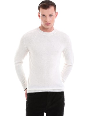 Hatemoğlu Ekru Regular Fit Düz Bisiklet Yaka Yünlü Casual Triko Kazak