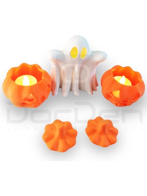 Dorden 3D Cadılar Bayramı Hallowen Balkabağı ve Hayalet Temalı Tealight Mumluk Dekor Set