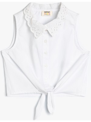 Koton Crop Gömlek Güpür Yaka Bağlamalı Kolsuz Pamuklu