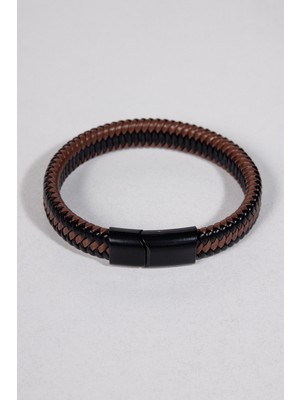 Tudors Hasır Desenli Deri Kahverengi-Siyah Erkek Bileklik
