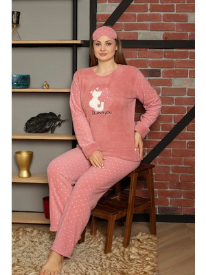 Wordex Fwn 5100 Büyük Beden Peluş Welsoft Polar Kışlık Kedili Kadın Pijama Takımı