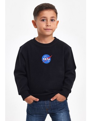 Mrs & Kids Nakışlı Siyah Pamuk Kışlık Bisiklet Yaka Çocuk Erkek Sweatshirt