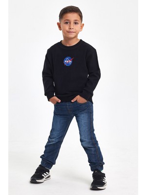 Mrs & Kids Nakışlı Siyah Pamuk Kışlık Bisiklet Yaka Çocuk Erkek Sweatshirt