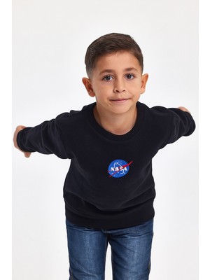 Mrs & Kids Nakışlı Siyah Pamuk Kışlık Bisiklet Yaka Çocuk Erkek Sweatshirt