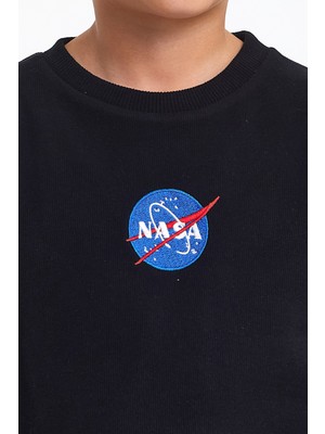 Mrs & Kids Nakışlı Siyah Pamuk Kışlık Bisiklet Yaka Çocuk Erkek Sweatshirt