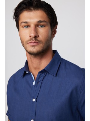 Tudors Slim Fit Kısa Kol Cepli Biyeli Flam Pamuk Lacivert Erkek Gömlek