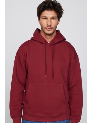 Tudors Oversize Pamuk Kapüşonlu Basıc Unisex Bordo Sweatshirt