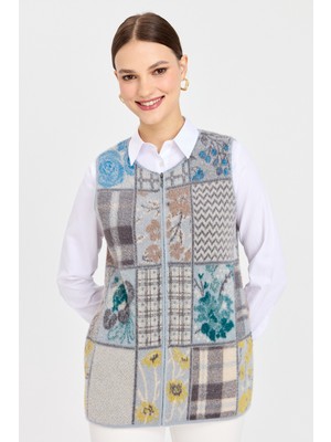 Desen Triko Kadın Sıfır Yaka Patchwork Yelek A.mavi