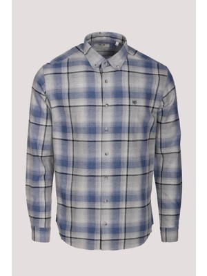 Ncs Erkek Gömlek Mavi Uzun Kol Ekose Kareli Flanel Yün Tuşeli Slim Fit Düğmeli Yaka Shirt Ncs Jeans 7269