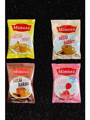 Mimoza Sütlü Çilek Sütlü Muz Sütlü Kakao Sahlep Aromalı Milk Shake Seti Sıcak Cafe ve Kış Çayı 4’lü Set 800 gr