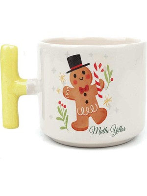 Mor Mürekkep Mutlu Yıllar Kurabiye Adam Baskılı Sarı Kulplu T Yılbaşı Kupası