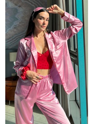 For You Sleepwear 5'li Bustiyerli Biyeli Pembe Saten Pijama Takımı