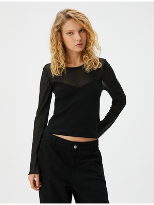 Koton Tül Detaylı Bluz Kalp Yaka Uzun Kollu Yuvarlak Yaka