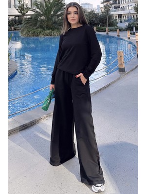 New Laviva Kadın Siyah Yuvarlak Yaka Sweatshirt & Bol Paça Beli Lastikli Pantolon - Rahat Alt & Üst Takım