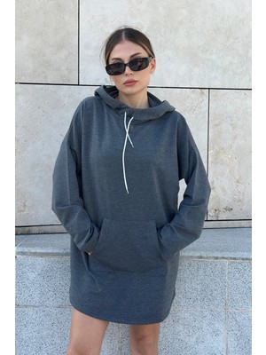 New Laviva Kadın Antrasit Uzun Kol Yakası Bağcıklı Kapüşonlu Kanguru Cep Salaş Uzun Tunik Sweatshirt