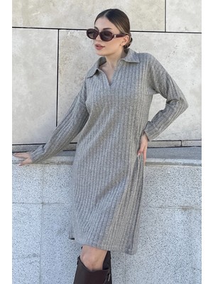 New Laviva Kadın Bej Polo Yaka, Kendinden Desenli, Basic Kalıp, Uzun Kollu Midi Triko Elbise