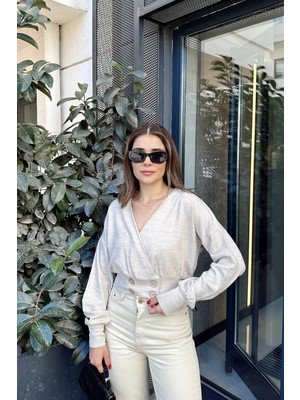 New Laviva Kadın Bej Uzun Balon Kol, Düğme Detaylı, Kruvaze Bluz Ceket