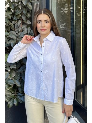 New Laviva Kadın Beyaz Uzun Kol Silver Düğme Detaylı Nakış Işlemeli Klasik Gömlek