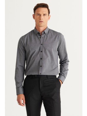 ALTINYILDIZ CLASSICS Erkek Antrasit Slim Fit Dar Kesim Düğmeli Yaka Desenli Gömlek