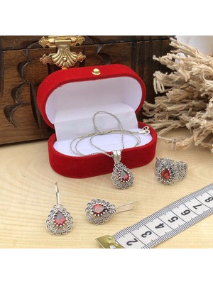 Sahra Gümüş Garnet Taşlı Damla Tasarım Telkari Gümüş Üçlü Set