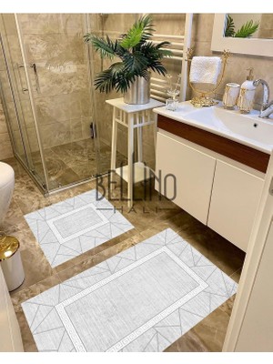 Bellino Yıkanabilir Kaymaz Pamuk Dokuma Taban Gri Geometrik Desenli 60X100-50X60 2'li Banyo Paspası 27