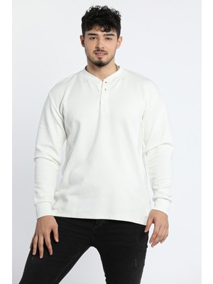 Julude Krem Erkek Bisiklet Yaka Yarım Düğmeli Sweatshirt P-00005278